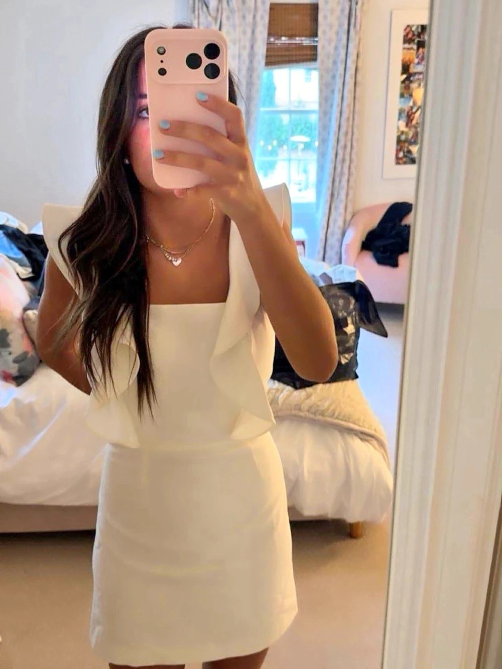 French Connection Whisper Square Neck Frill Hem Mini Dress Whisper Mini Dress